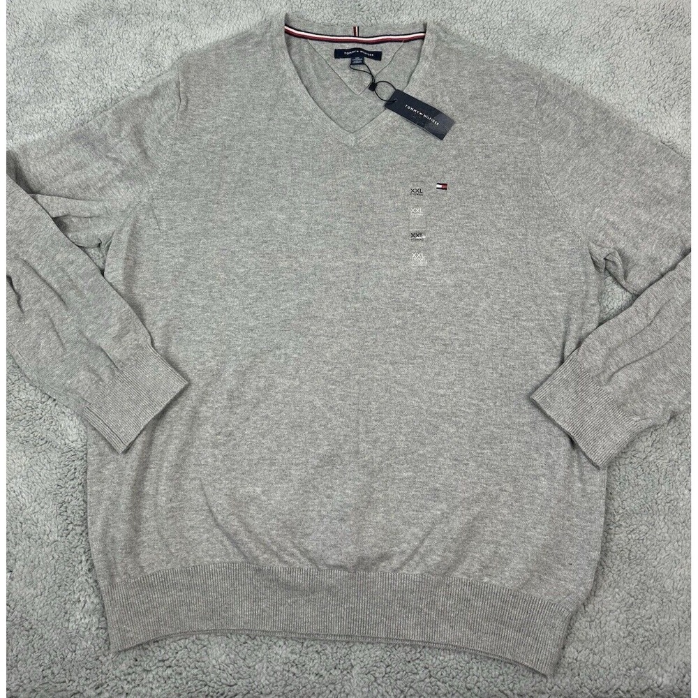Tommy Hilfiger Mens XXL Gray 100% Cotton V- Neck Long Sleeve Sweater
